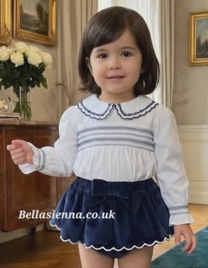Deolinda Girls Navy Velvet Two Piece Bloomers Set With Smocking - DBI26633