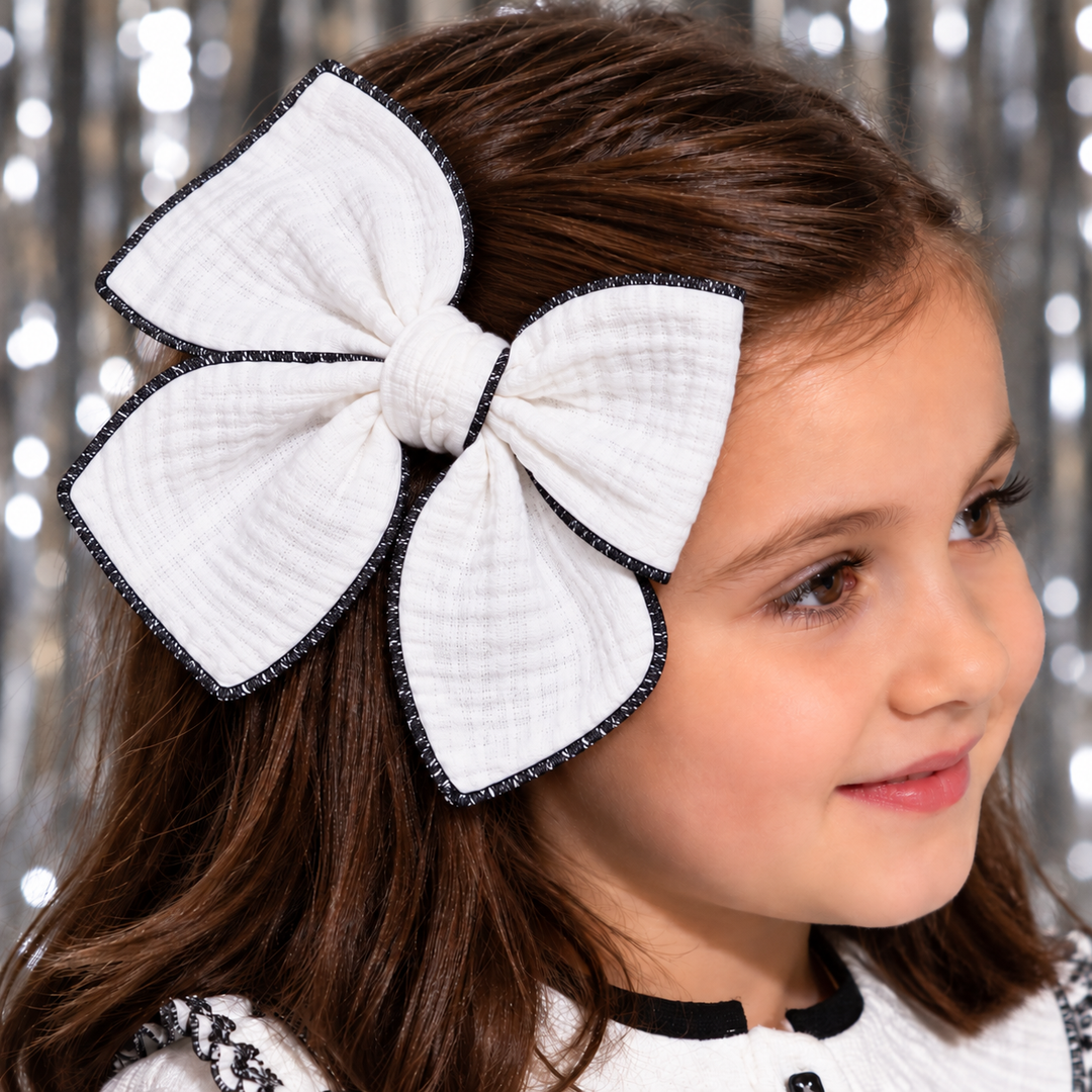 Basmarti Girls White With Black Trim Hair Bow To Match - 26510 & 26513