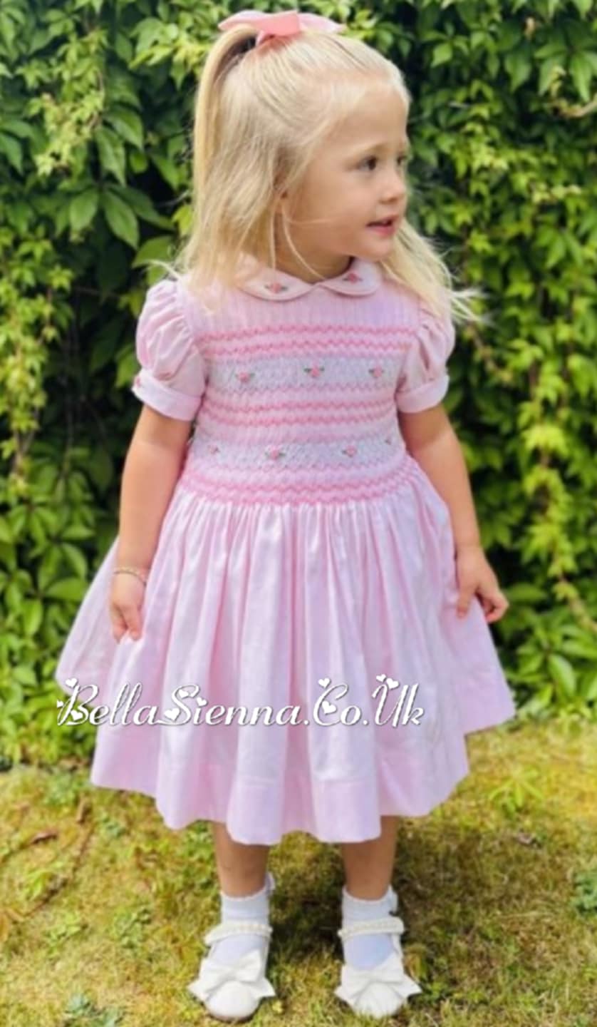 Luxury "Bella Sienna Exclusive" Pink Front & Back Smocked Dress With Built In Underskirt & Matching Hair Band Or Clip & Pants