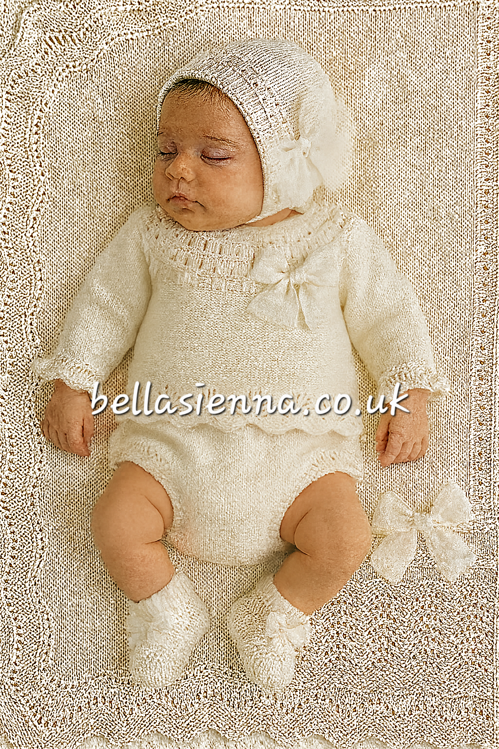 Mac Ilusion Ivory Four Piece Knitted Outfit With Tulle Bow - 8435 - Matching Blanket Available
