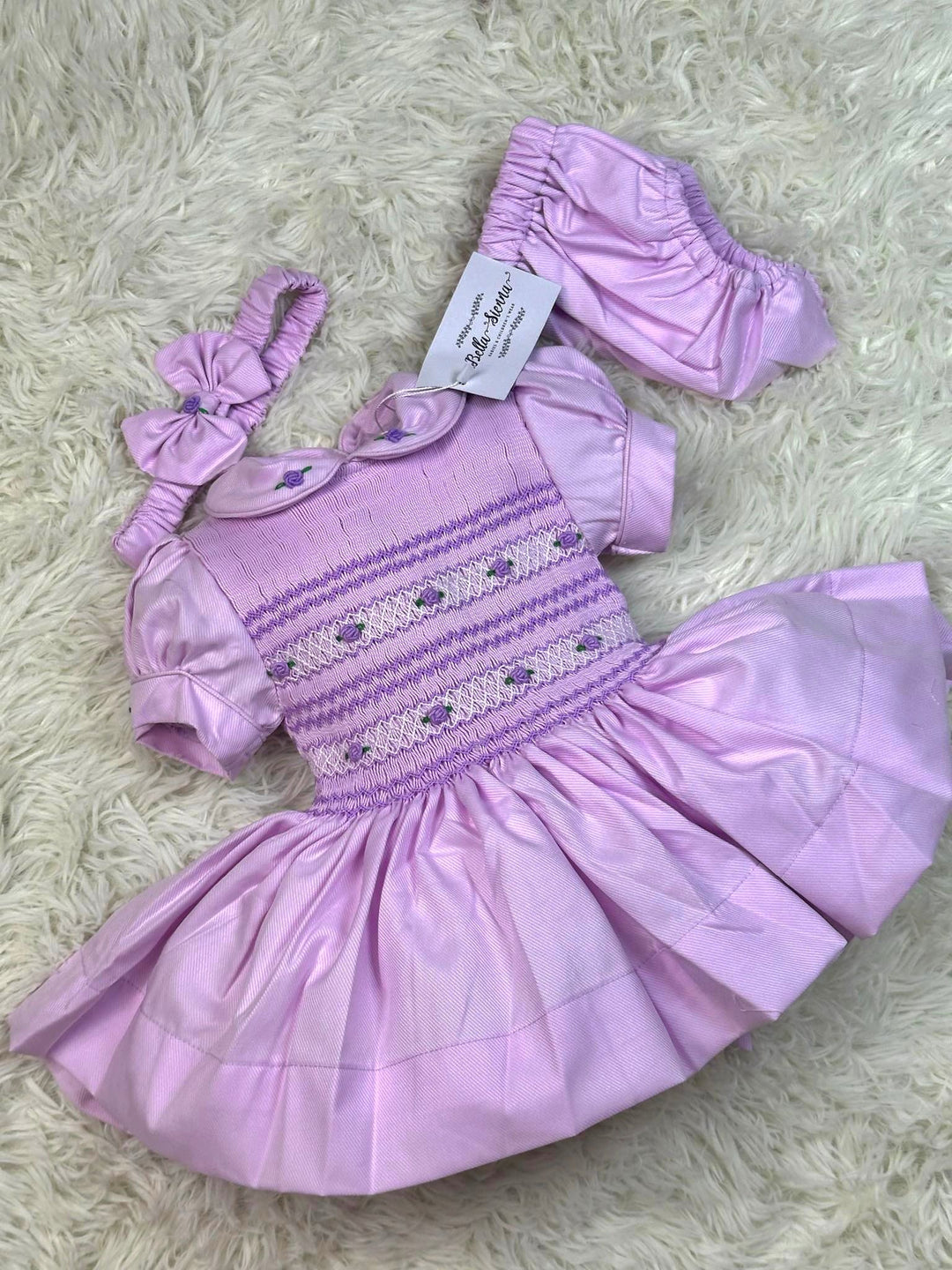 Luxury "Bella Sienna Exclusive" Lilac Front & Back Smocked Dress With Built In Underskirt & Matching Hair Band Or Clip & Pants
