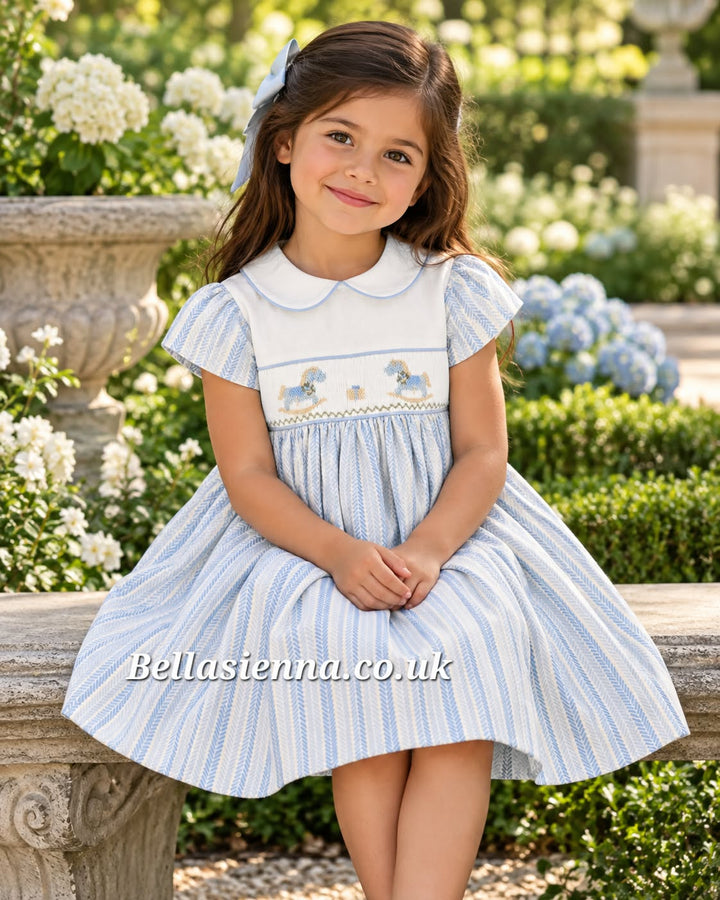 Pretty Originals Pale Blue Herringbone Hand Smocked Dress With Embroidered Rocking Horse & Matching Headband  - BD02413G
