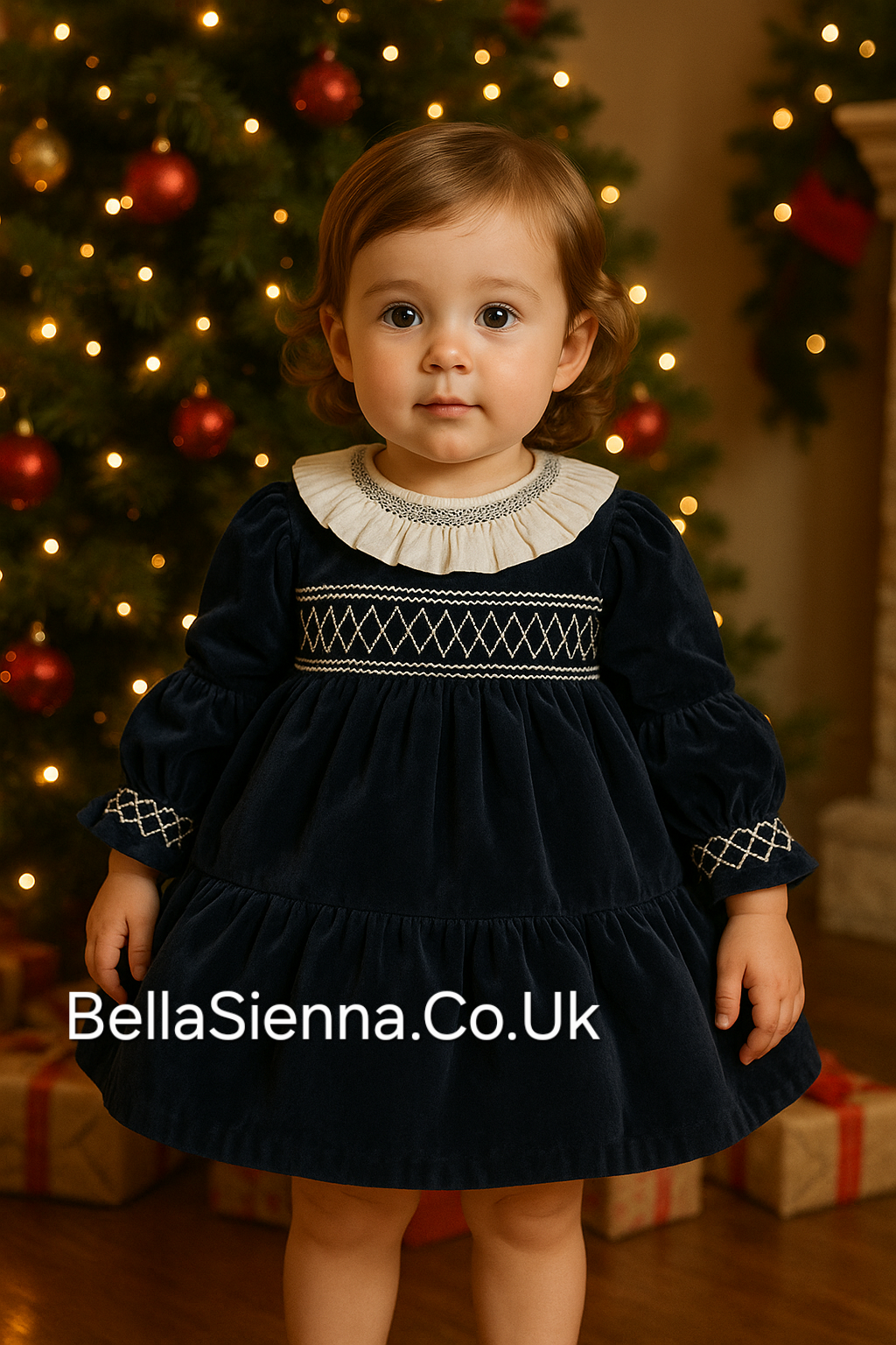 Deolinda Girls Navy & White Luxurious Velvet Smocked Dress - DBI25415