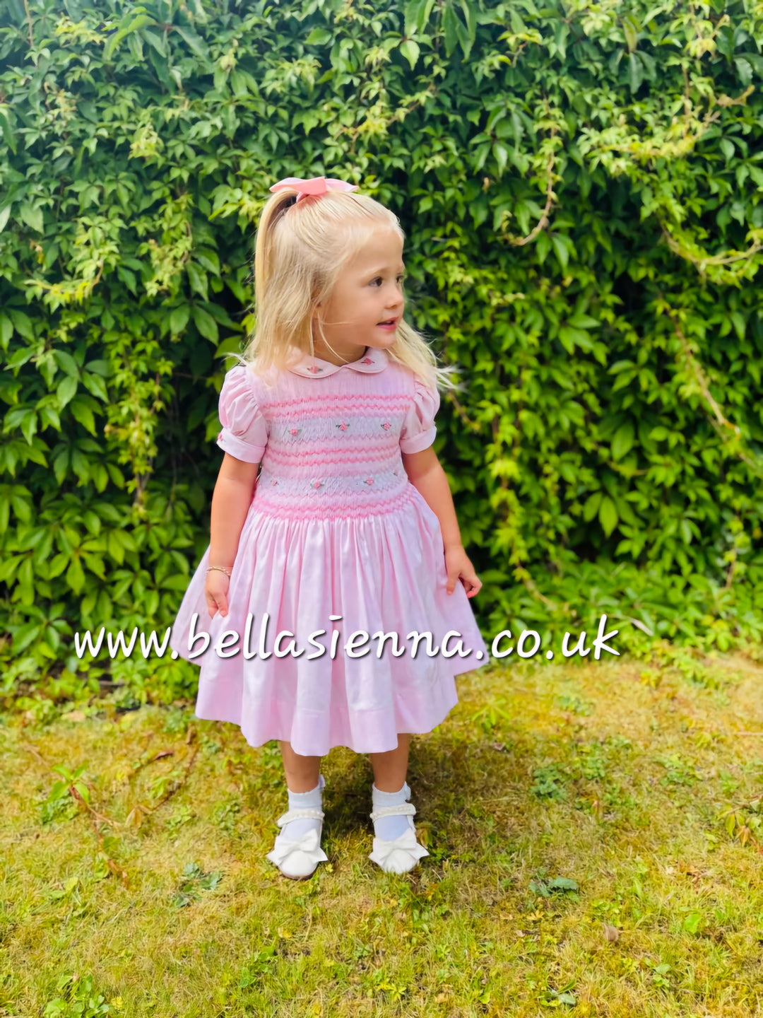 Luxury "Bella Sienna Exclusive" Pink Front & Back Smocked Dress With Built In Underskirt & Matching Hair Band Or Clip & Pants