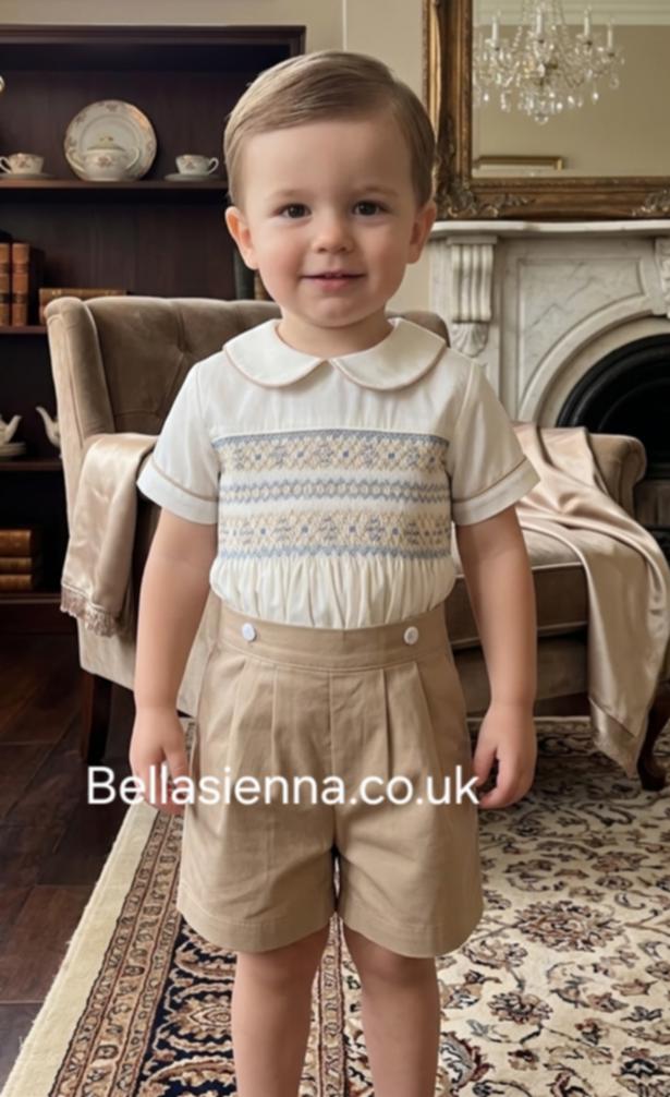Bella Sienna "EXCLUSIVE" Boys Hand Smocked Beige, Ivory & Blue Two Piece Shirt & Shorts Set