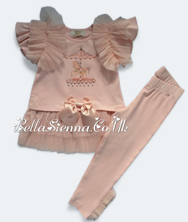Peachy Pink "Carousel" Tulle & Bow Leggings Set