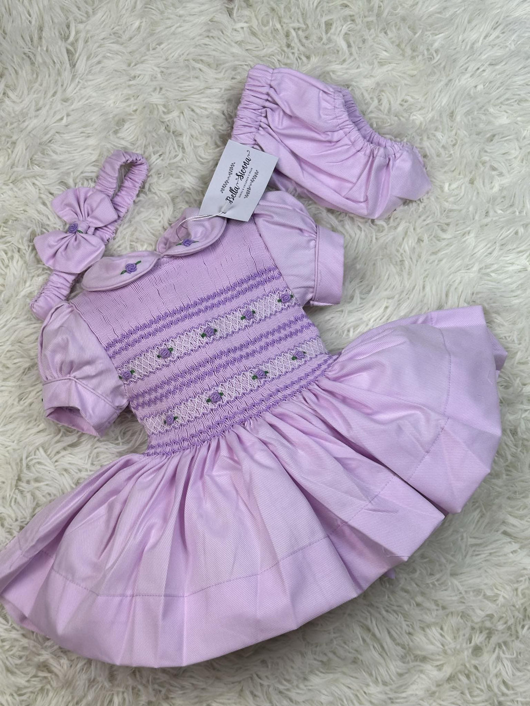 Luxury "Bella Sienna Exclusive" Lilac Front & Back Smocked Dress With Built In Underskirt & Matching Hair Band Or Clip & Pants