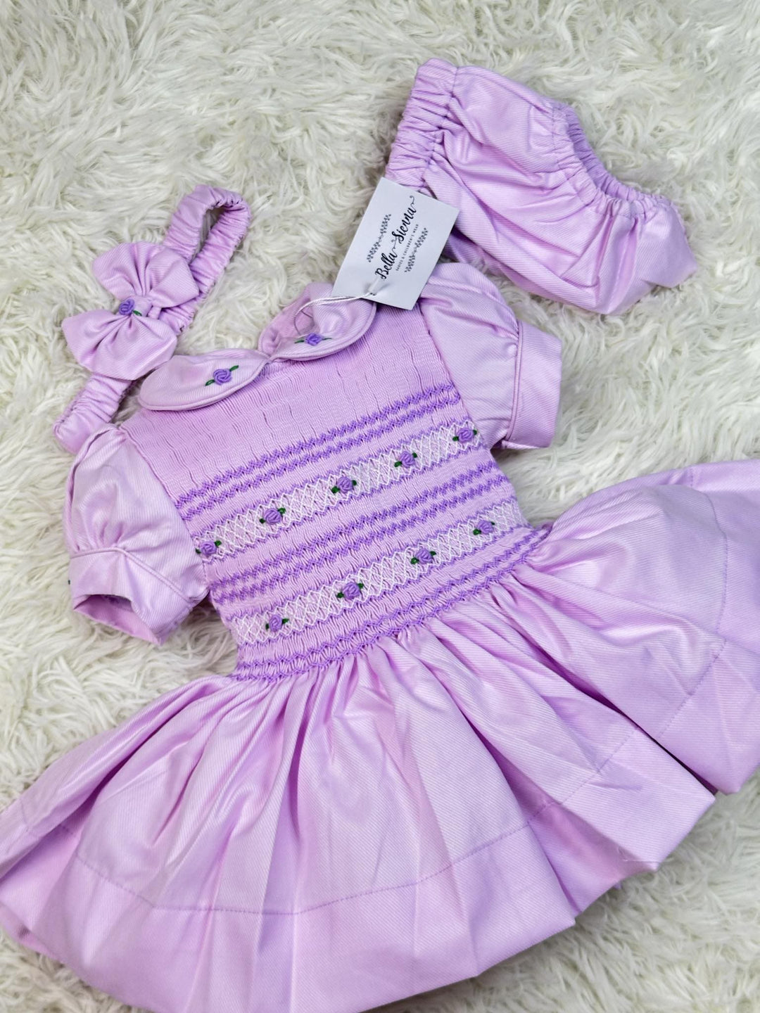 Luxury "Bella Sienna Exclusive" Lilac Front & Back Smocked Dress With Built In Underskirt & Matching Hair Band Or Clip & Pants