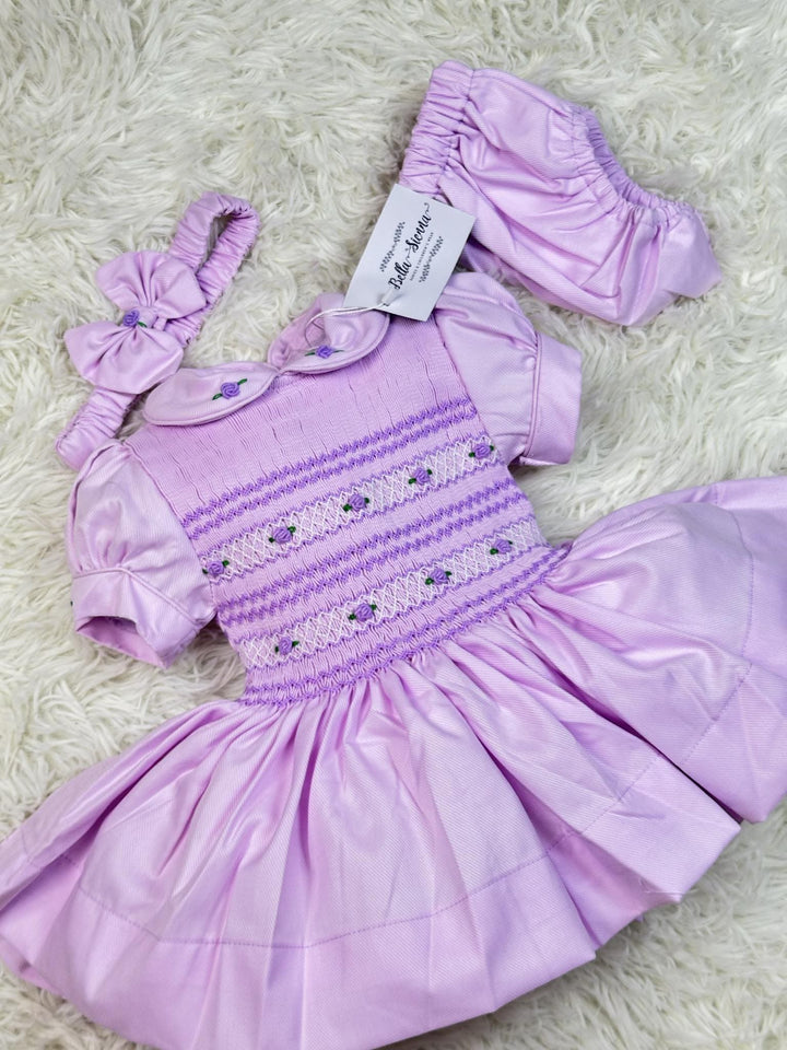 Luxury "Bella Sienna Exclusive" Lilac Front & Back Smocked Dress With Built In Underskirt & Matching Hair Band Or Clip & Pants