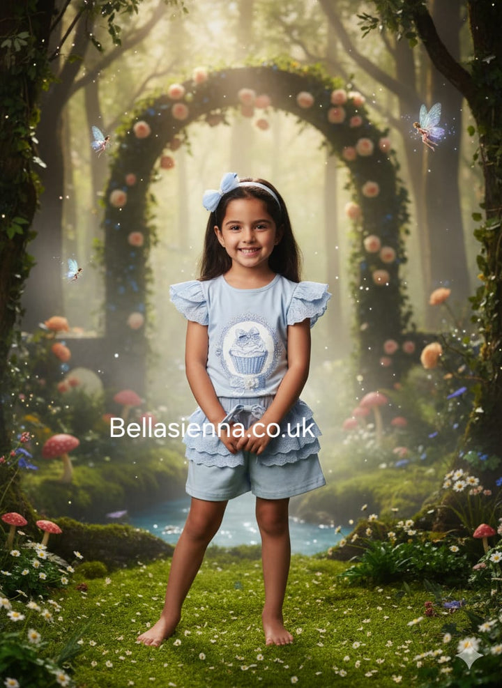 Diamond Stone Girls Blue "Cupcake" Shorts Set With Matching Headband YG-39