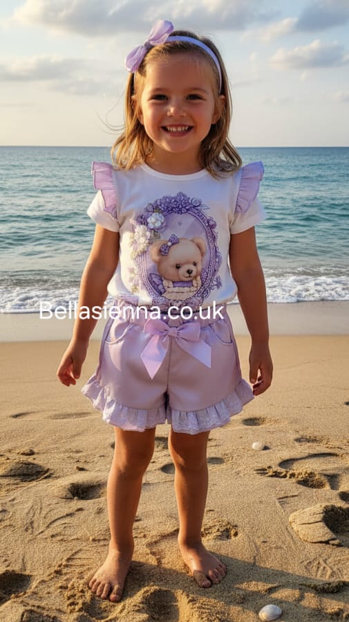 Diamond Stone Girls Lilac & White "Teddy In The Mirror" Shorts Set With Matching Headband YG-37