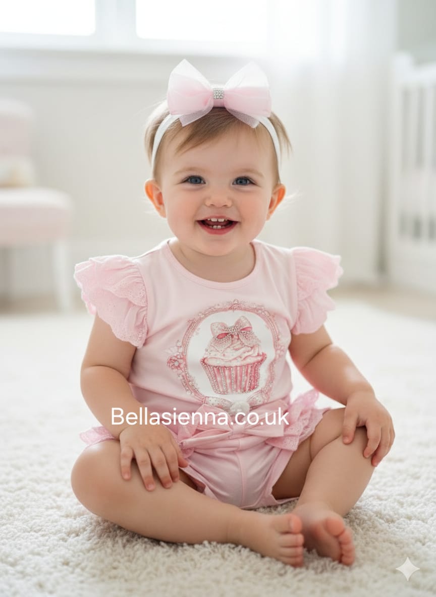 Diamond Stone Girls Pink "Cupcake" Shorts Set With Matching Headband YG-39