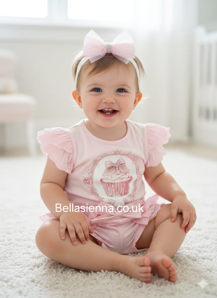 Diamond Stone Girls Pink "Cupcake" Shorts Set With Matching Headband YG-39