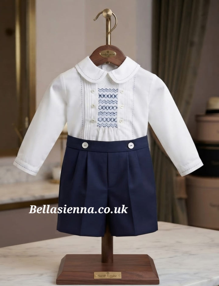 Sarah Louise Boys Navy & White Hand Smocked Suit - 013912