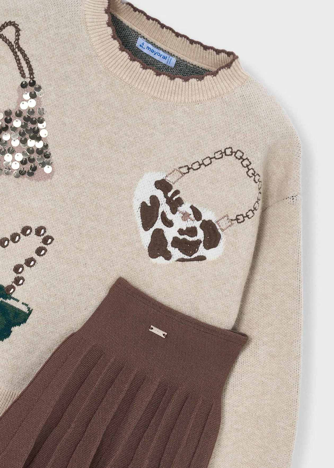 Girls Brown Pleated Skirt & Jumper Set - 4933