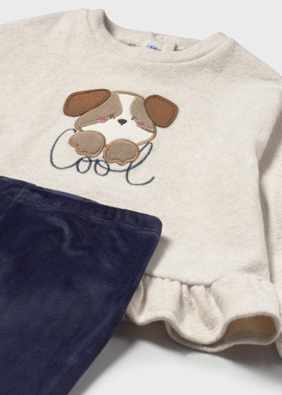 Mayoral Girls "Puppy Dog" Jumper & Super Soft Navy Velvet Leggings - 2738