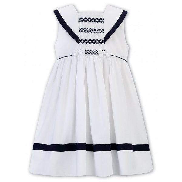 Sarah Louise White & Navy Hand Smocked Dress With Bows - 011870