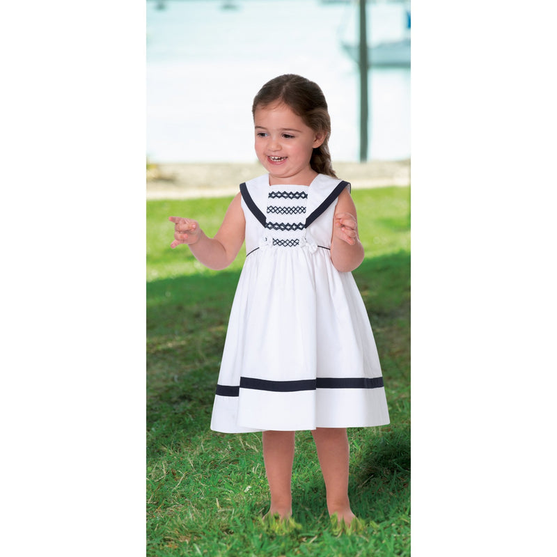 Sarah Louise White & Navy Hand Smocked Dress With Bows - 011870