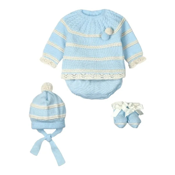 Mac ilusion Unisex Blue & Beige Pom Pom Four Piece Knitted Outfit - 8630 - Celeste