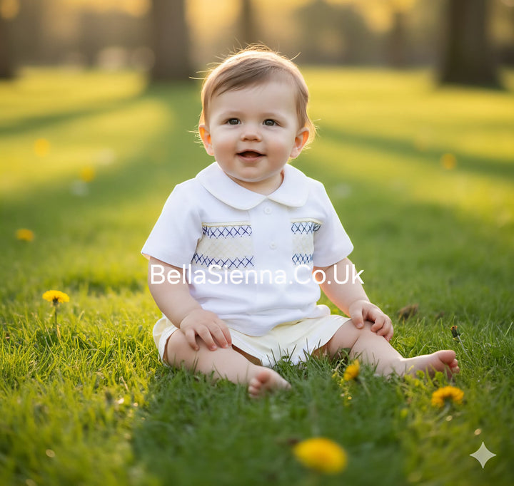 Lemon, White & Navy Cotton, Smocked Boys Shorts Set - SG111
