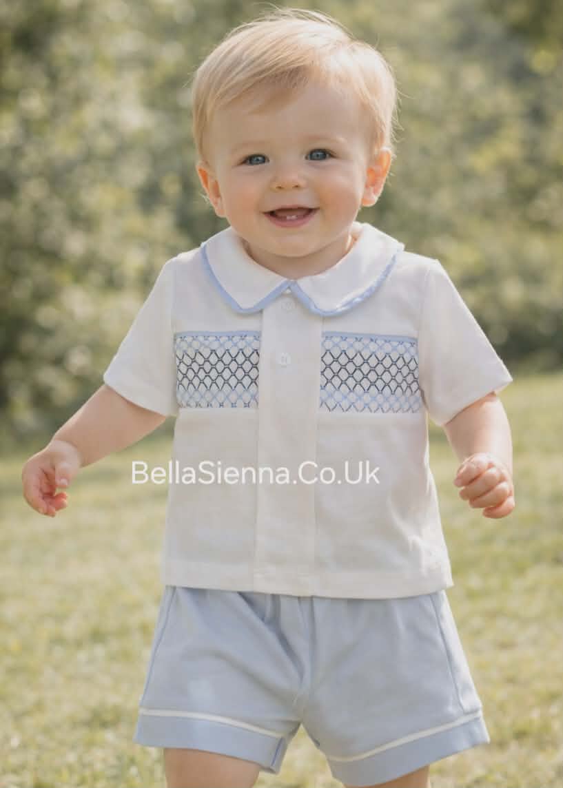 Blue, White & Navy Cotton, Smocked Boys Shorts Set - SG111