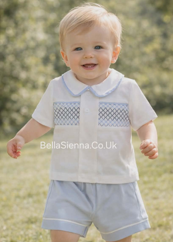 Blue, White & Navy Cotton, Smocked Boys Shorts Set - SG111
