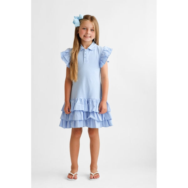 Harris Kids "Sian" Girls Ruffle Frill Polo Dress - Blue