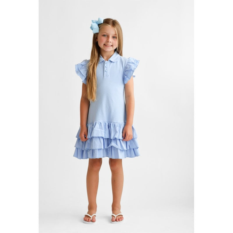 Harris Kids "Sian" Girls Ruffle Frill Polo Dress - Blue