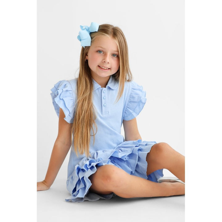 Harris Kids "Sian" Girls Ruffle Frill Polo Dress - Blue