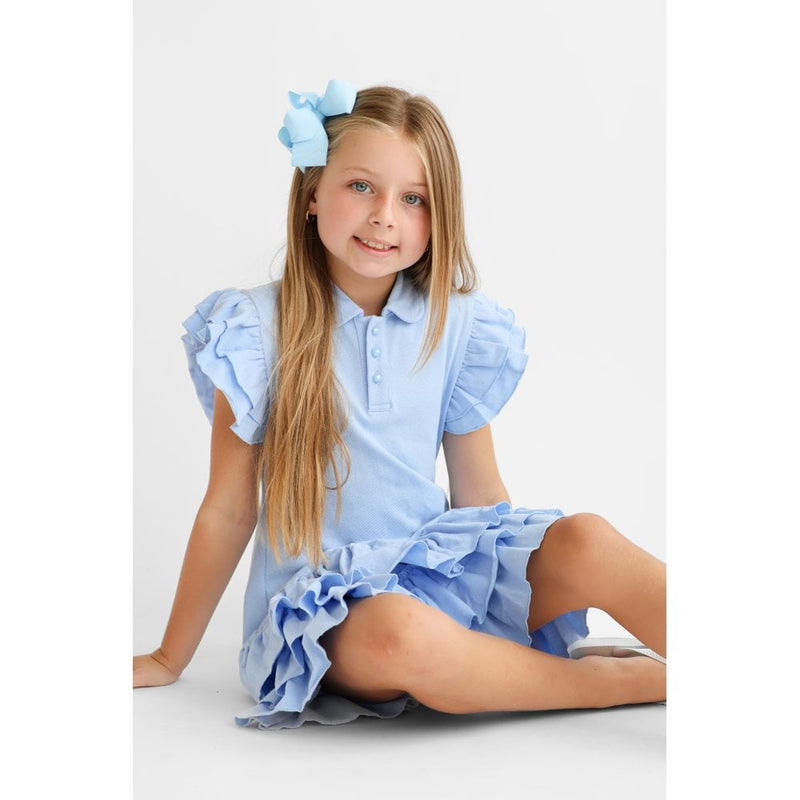 Harris Kids "Sian" Girls Ruffle Frill Polo Dress - Blue