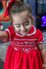 Naxos Red & White Hand Smocked Dress With Bow On The Back - 7624