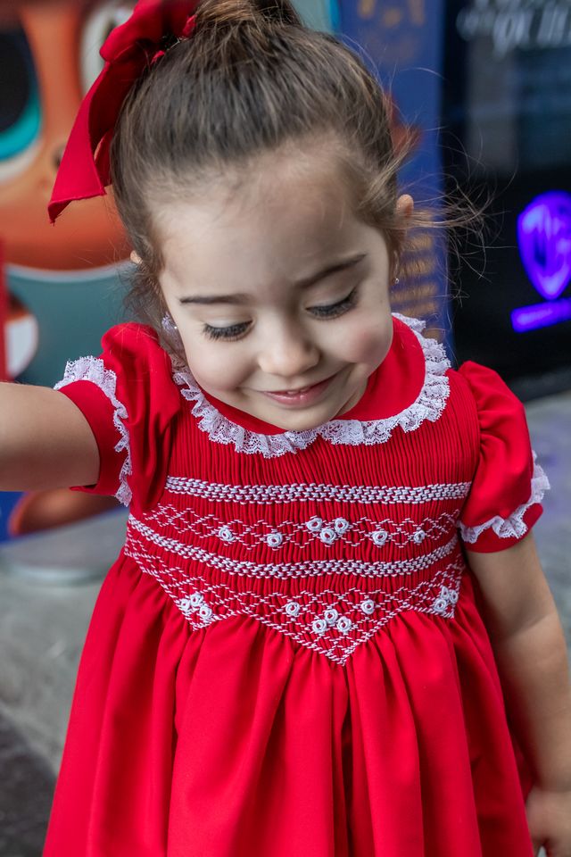 Naxos Red & White Hand Smocked Dress With Bow On The Back - 7624