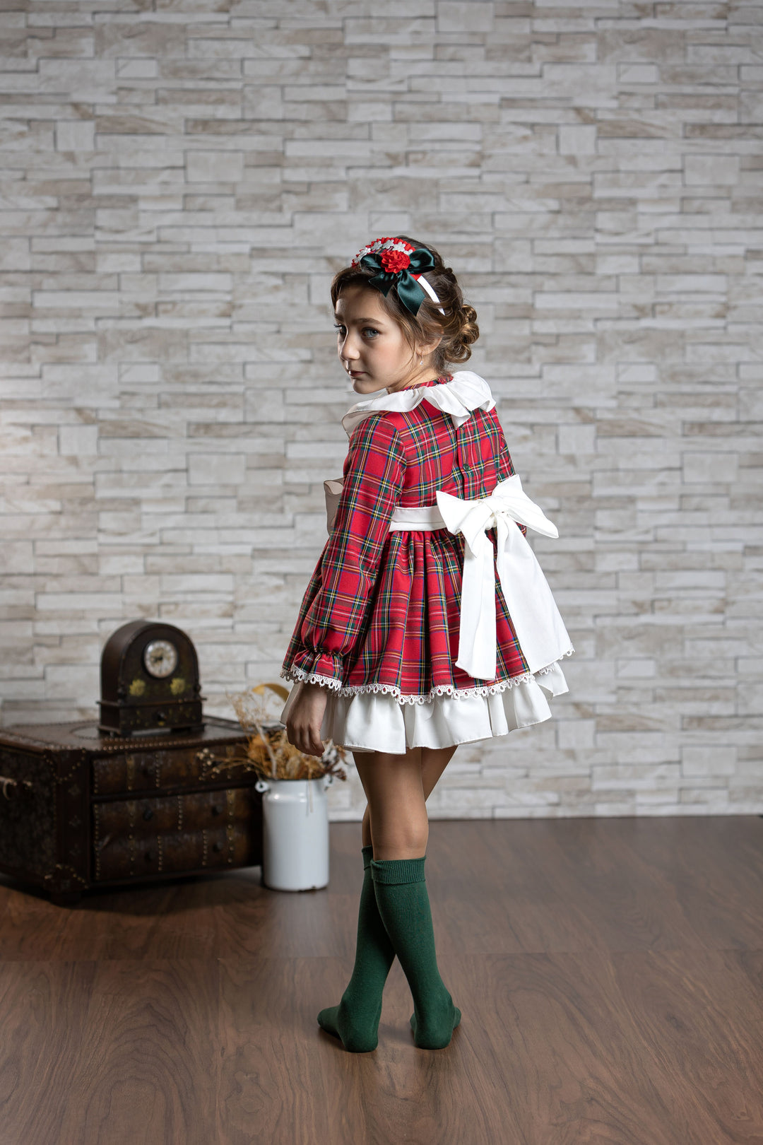 Abuela Tata Red & Green Tartan Dress With Beautiful Bow Back - 2599349