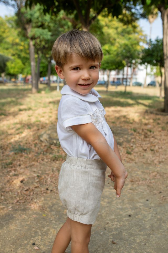 Naxos Boys Beige Smocked Two Piece Buster Suit Set - 7709