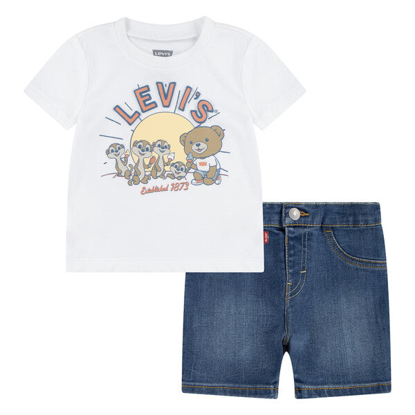 Levi's White Bear T-shirt & Denim Shorts Set - 6EM344