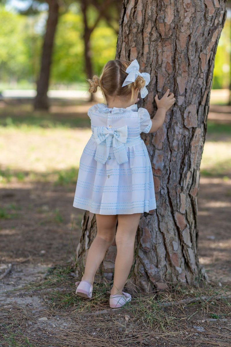 Naxos Hand Smocked White & Blue Dress - 7332