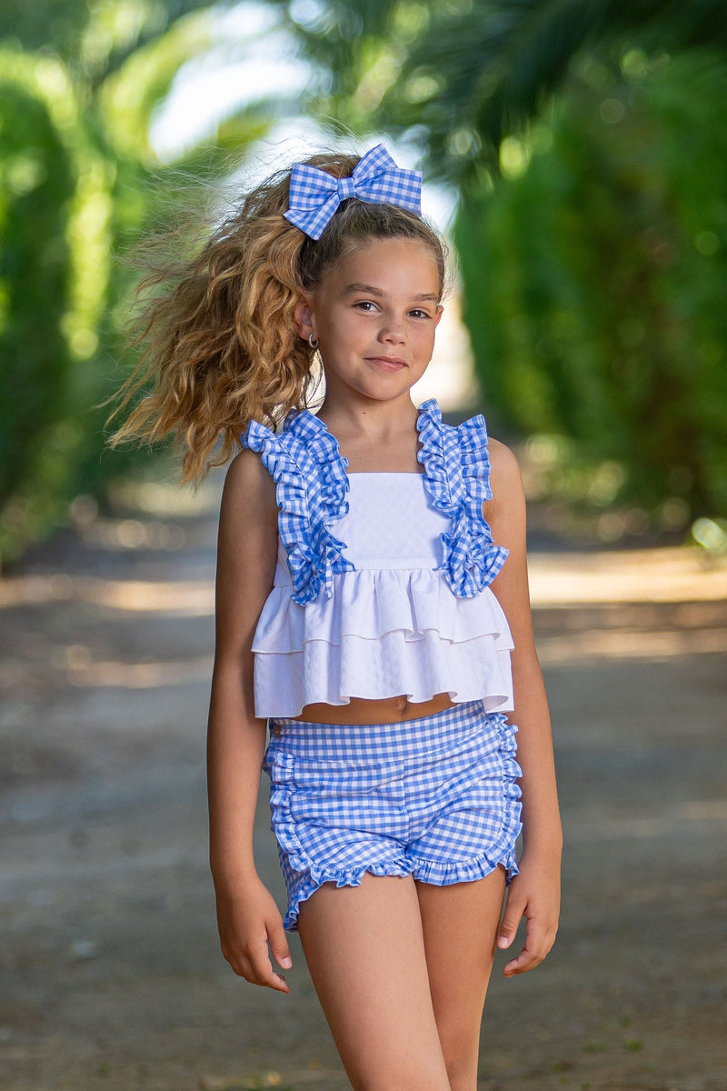 Babine White & Blue Gingham Shorts Set - 2522018