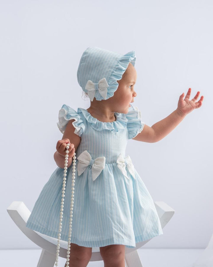 Caramelo Kids Blue & White Three Piece Striped Jampant Set with Broderie Anglaise Bow - Style number: 031580