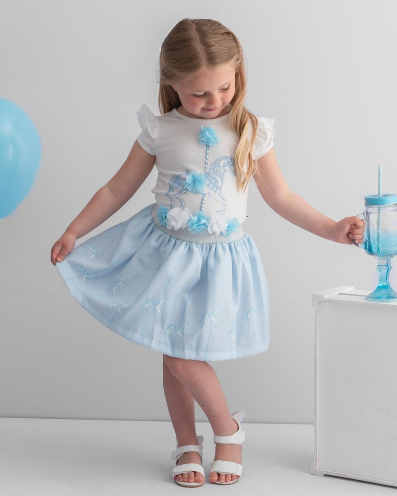 Caramelo Kids Sky Blue & White Pearl Carousel Skirt Set - 012256A