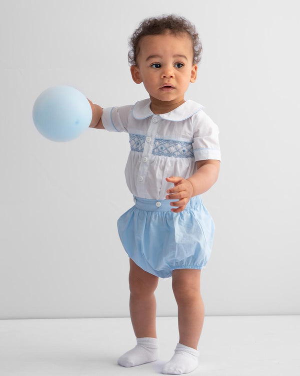 Caramelo Kids Boys Hand Smocked Outfit In Blue & White - 253117