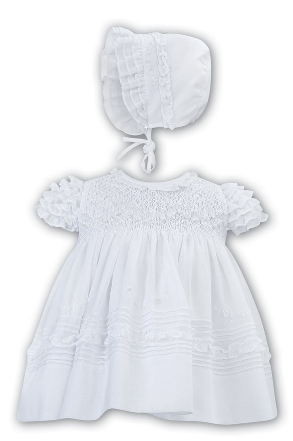 Sarah Louise Hand Smocked White Voile Dress & Bonnet - 001198