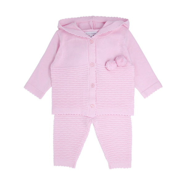 BLUES BABY BB0079 PINK KNIT TROUSERS AND POM POM HOODED CARDIGAN