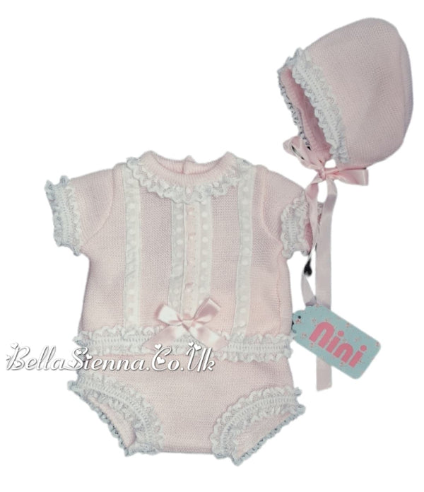 Nini  Baby Girls Pink Fine Knitted lace frill collar top and knickers set.
