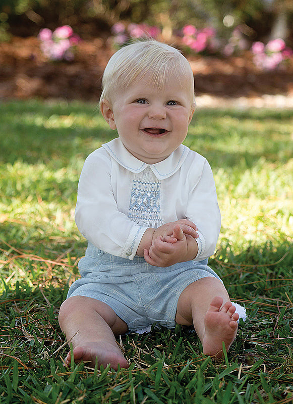 Sarah Louise Boys Blue Check Smocked Outfit - 010945