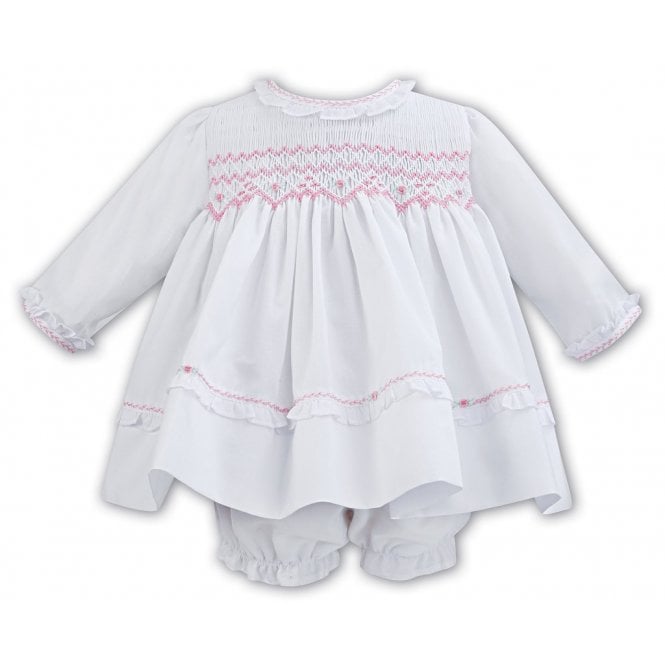 Sarah Louise White & Pink Smocked Dress With Matching Frilly Pants - 011259
