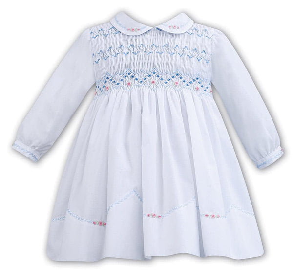 Sarah Louise White And Blue Smocked Long Sleeved Dress 011282