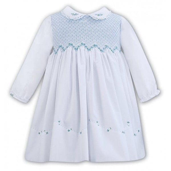 Sarah Louise White, Blue & Green Hand Smocked Dress With Collar - 011294