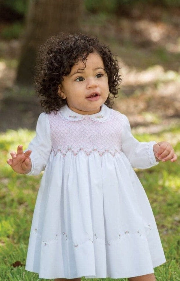 Sarah Louise White And Pink Smocked Long Sleeved Dress 011294