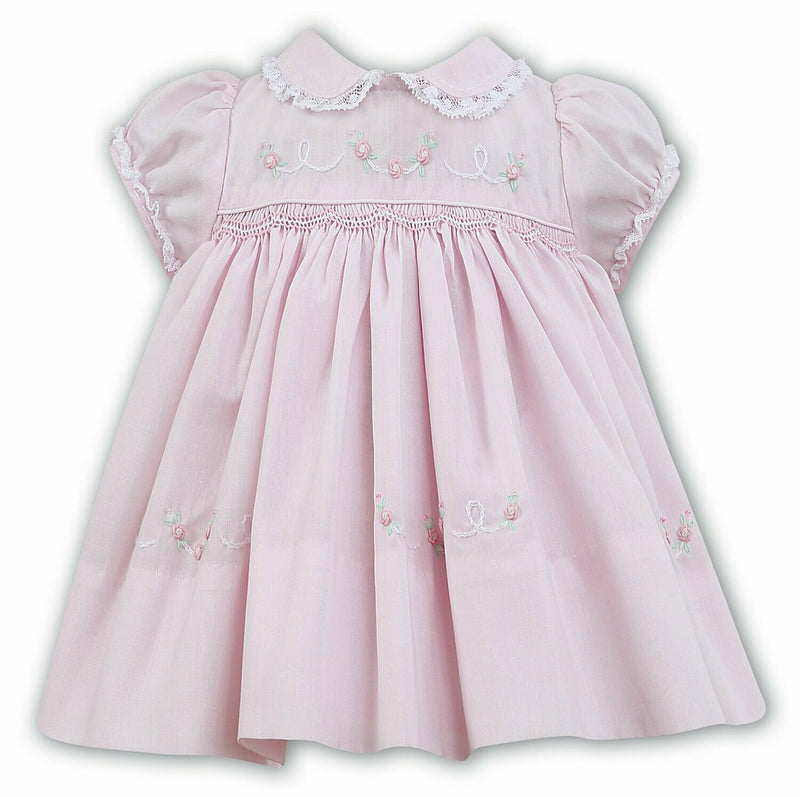 Sarah Louise Pink Smocked Dress With Lace trim Collar And Sleeves - 011452
