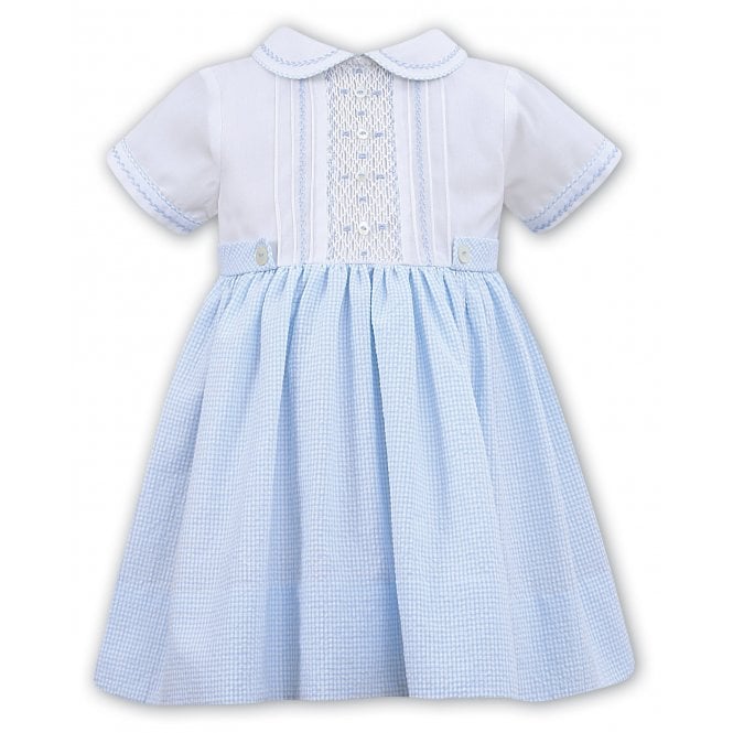 Sarah Louise Baby Girls White And Blue Gingham Smocked Dress
